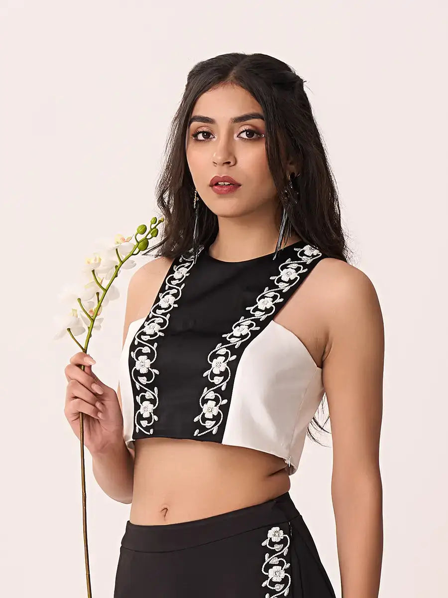 Embroided Black and White Crop Top