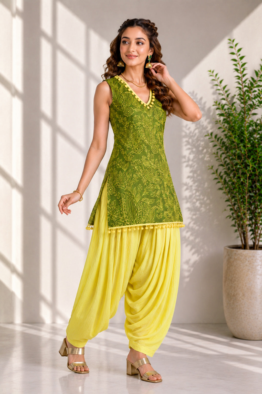 GREEN AND YELLOW PATIALA KURTA SET