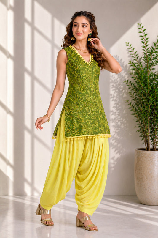 GREEN AND YELLOW PATIALA KURTA SET
