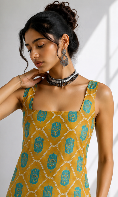 MUSTARD GREEN SLEEVELESS KURTA SET