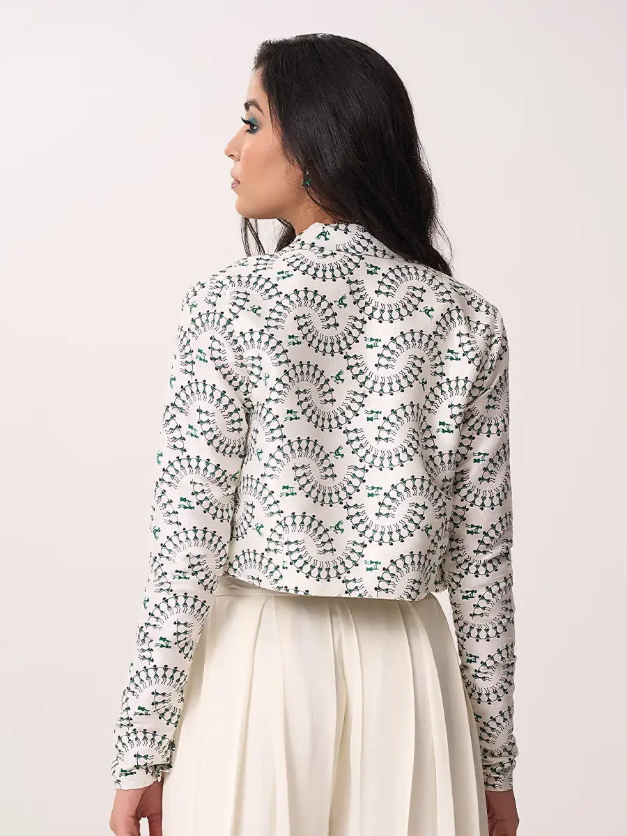 Warli Print Crop Blazer Green