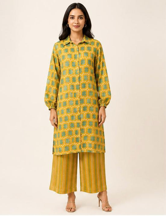 MUSTARD GREEN ABSTRACT KURTA SET