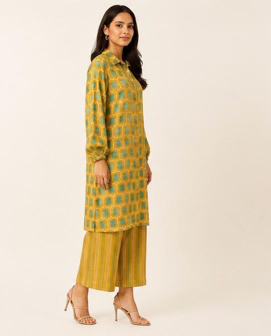MUSTARD GREEN ABSTRACT KURTA SET