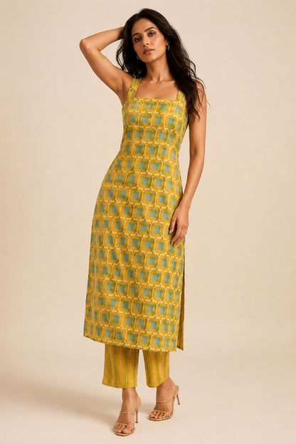 MUSTARD GREEN SLEEVELESS KURTA SET