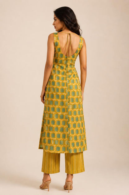 MUSTARD GREEN SLEEVELESS KURTA SET