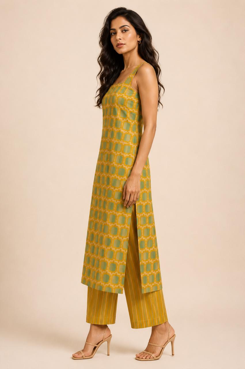 MUSTARD GREEN SLEEVELESS KURTA SET