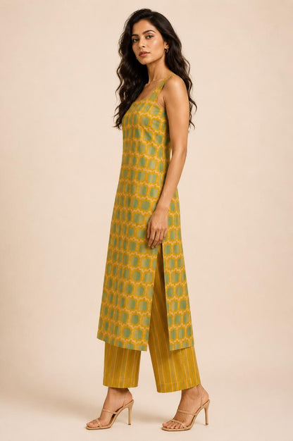 MUSTARD GREEN SLEEVELESS KURTA SET