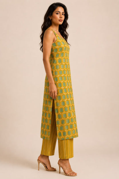 MUSTARD GREEN SLEEVELESS KURTA SET