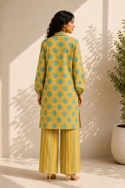 MUSTARD GREEN ABSTRACT KURTA SET