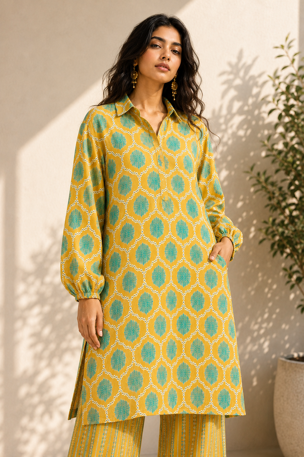 MUSTARD GREEN ABSTRACT KURTA SET