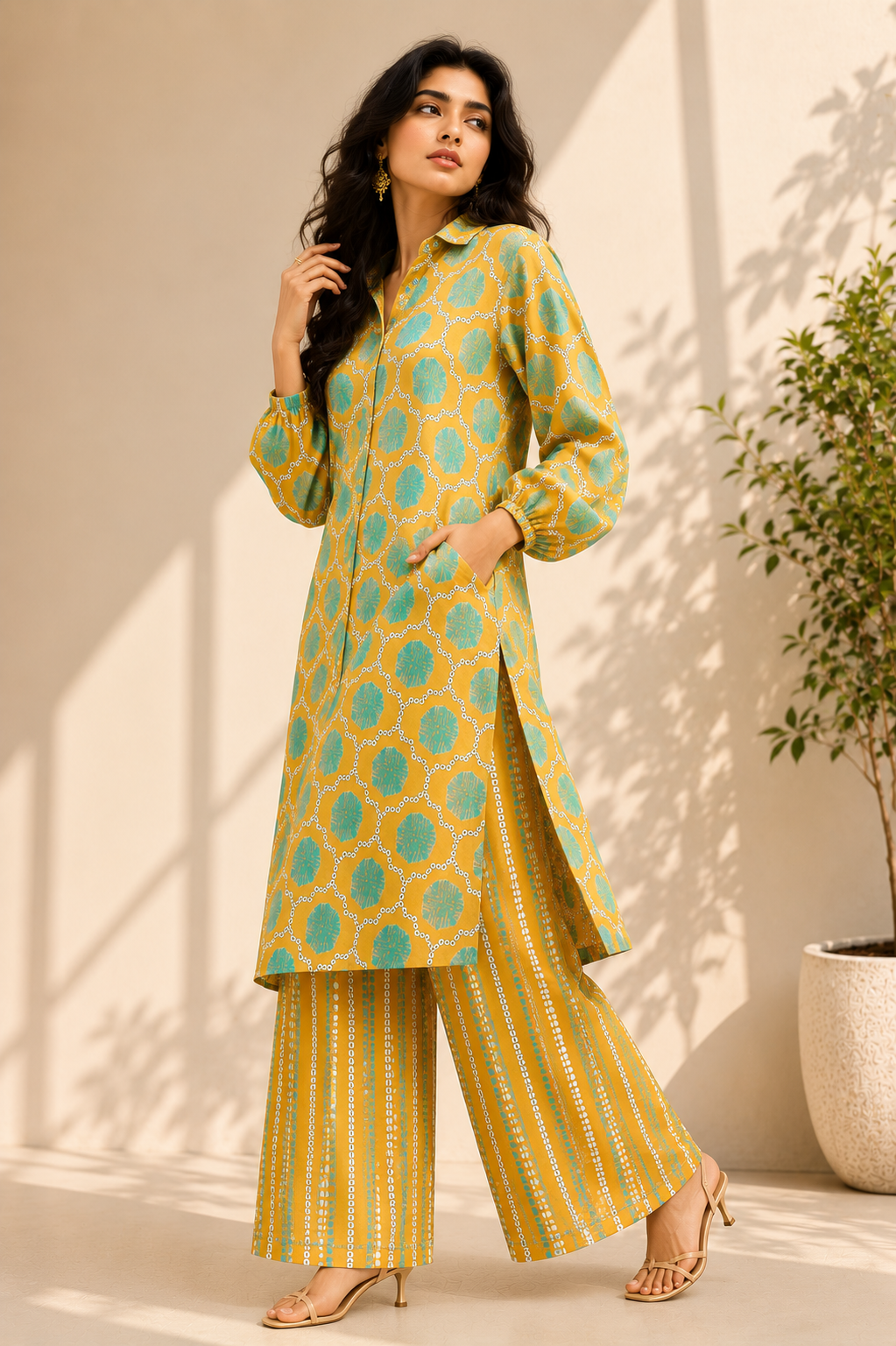 MUSTARD GREEN ABSTRACT KURTA SET