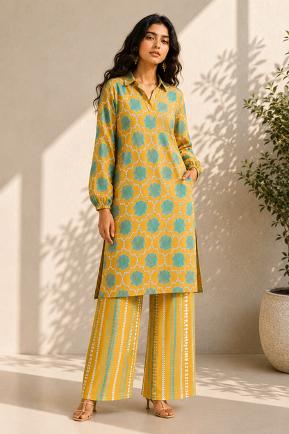 MUSTARD GREEN ABSTRACT KURTA SET