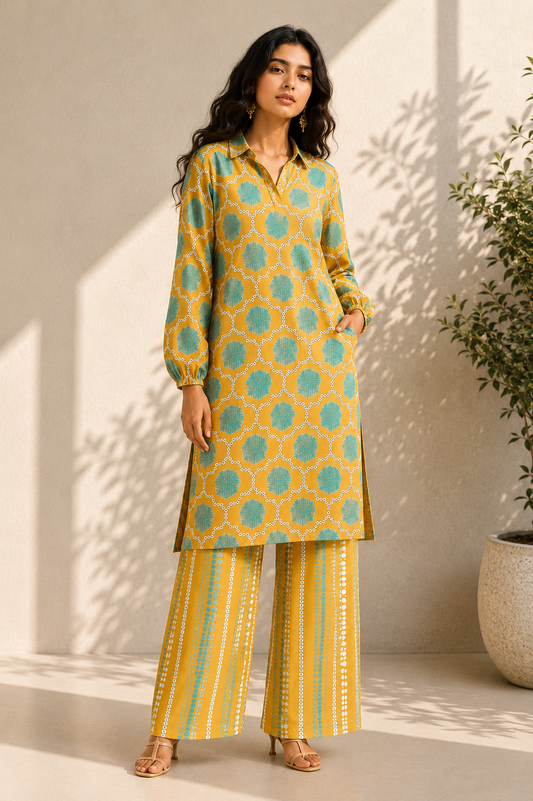 MUSTARD GREEN ABSTRACT KURTA SET