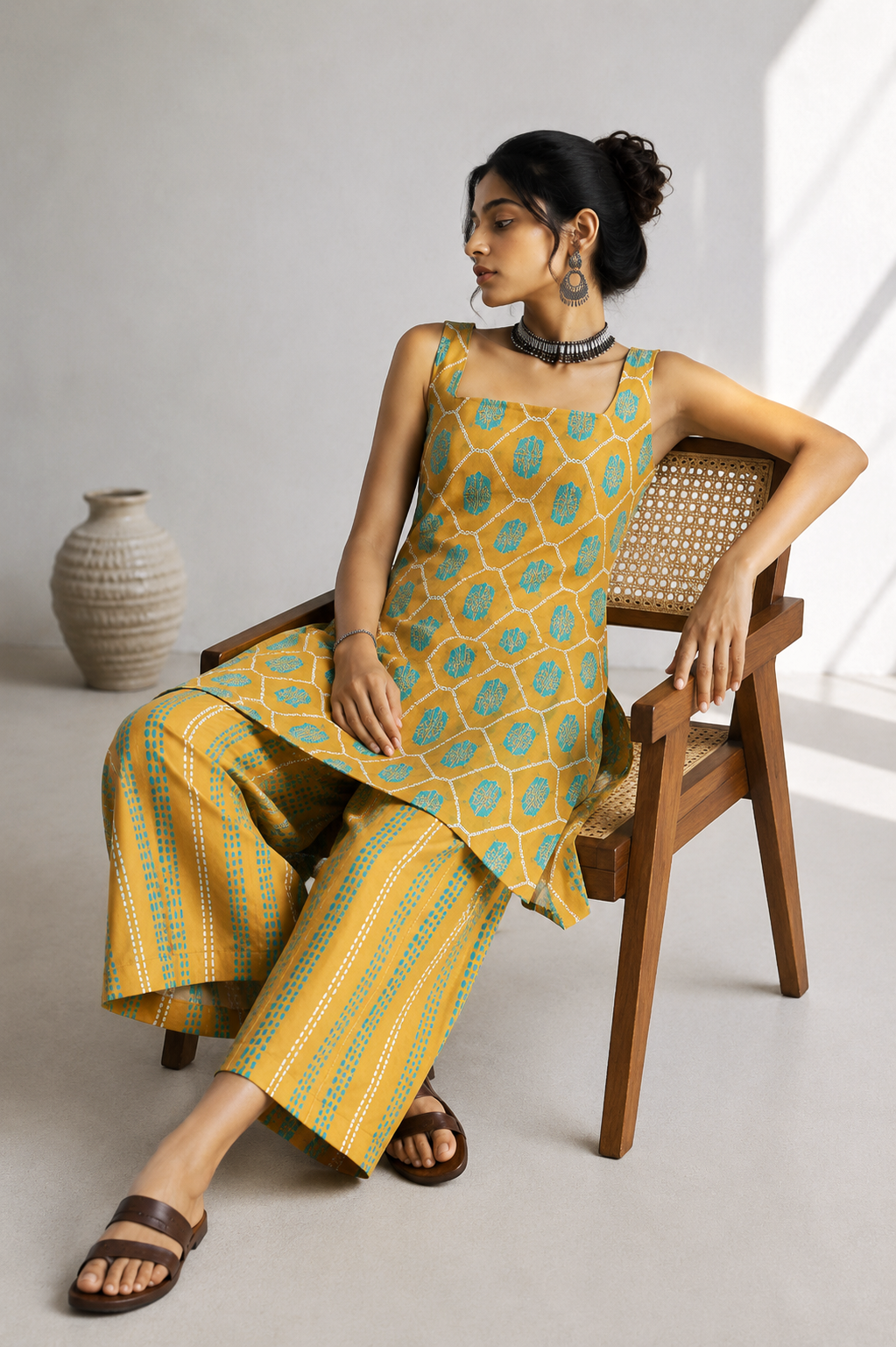 MUSTARD GREEN SLEEVELESS KURTA SET